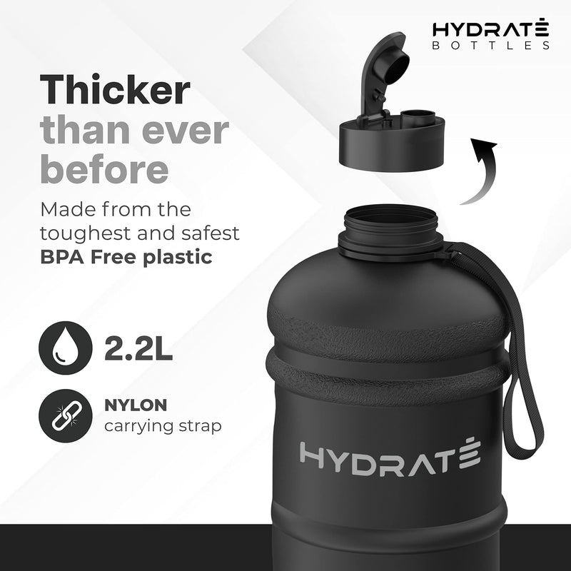 Hydrate 2.2 Litre Water Bottle - Now with Easy Drink Cap - Durable & Extra Strong - BPA