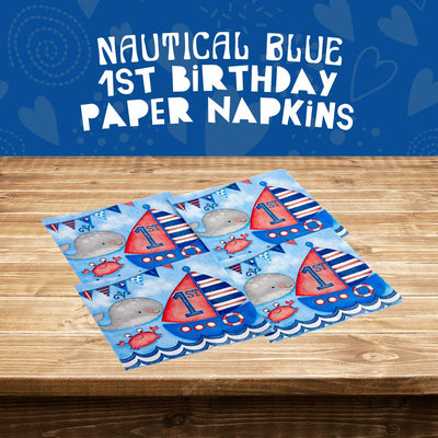 Kicko Nautical Blue First Birthday Paper Napkins - 64 Pack - 6.45 x 6.45 Inches