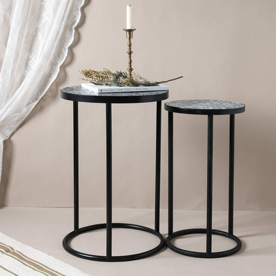 Mosaic Black Metal Round Side Table - Plant Stand - Bistro Table - Glass Top Indoor