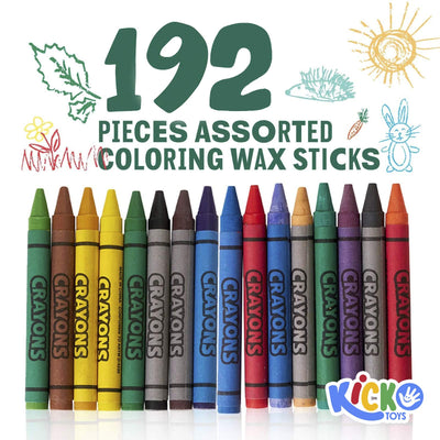 Kicko Crayon Set - 12 Packs with 16 Pieces Assorted Coloring Wax Sticks in Each Pack