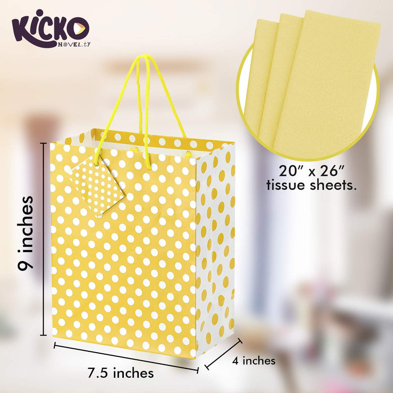 Kicko Sunflower Yellow Dot Gift Bags with Tissue Paper - 13 Pieces - 9 Inches - for Party