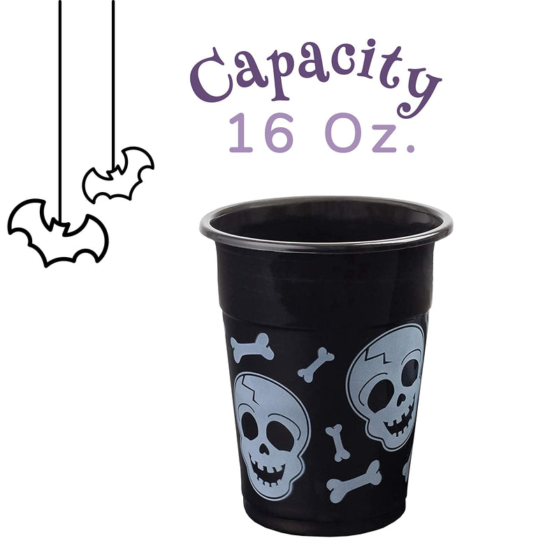 Bulk Pack Halloween Plastic Cups | 50 16 Oz Spooky Black and White Skull and Bone Design