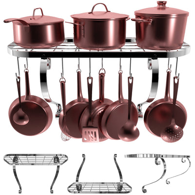 Square Grid Wall Mount Pot Rack, Bookshelf Rack With 10 Hooks, Kitchen Cookware, 24 By