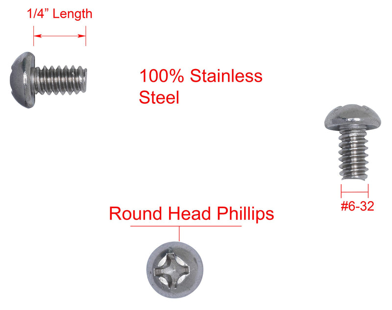 6-32 X 1/4" Stainless Phillips Round Head Machine Screw, (100pc), Coarse Thread, 18-8