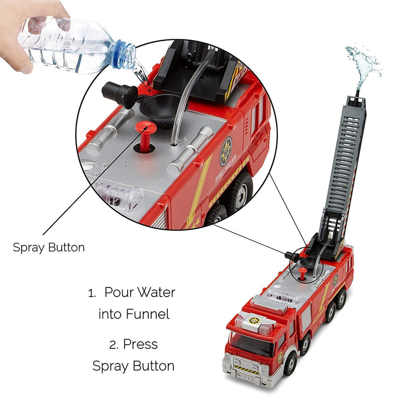 Top Race Fire Engine Truck with Water Pump Spray, Extending Rescue Ladder, and Flashing