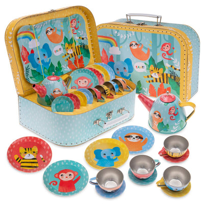 15 Piece Girls Pretend Toy Tin Tea Set Carrying Case Ballea