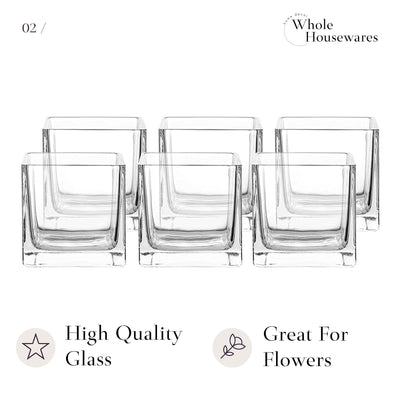 Whole Housewares Square Glass Vase Centerpiece Set, (6,4 Inch) 6 Pack Candle Holder, Clear