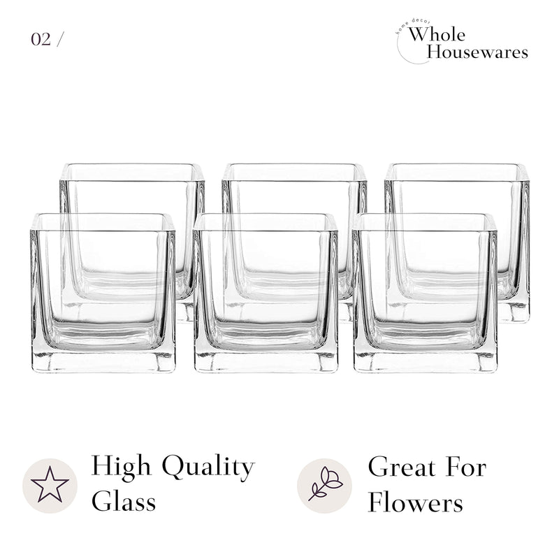 Whole Housewares Square Glass Vase Centerpiece Set, (6,4 Inch) 6 Pack Candle Holder, Clear