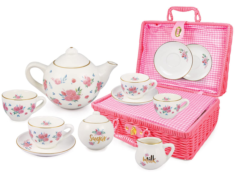 Jewelkeeper Porcelain Tea Set for Little Girls with Pink Picnic Basket, Floral Design, 13