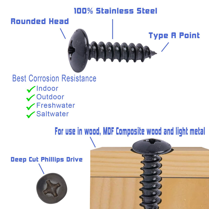 8 X 1/2" Stainless Truss Head Phillips Wood Screw, (50pc), Black Xylan Coated 18-8 (304