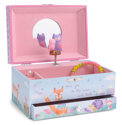 Jewelkeeper Girl's Musical Jewelry Storage Box Pullout Drawer, Woodland Owls Design