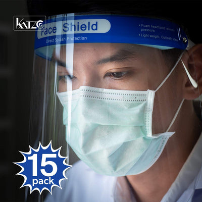 Katzco Reusable Face Shields - 15 Pack - Clear Full Face Visor Mask with Removable