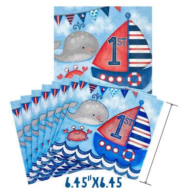 Kicko Nautical Blue First Birthday Paper Napkins - 64 Pack - 6.45 x 6.45 Inches