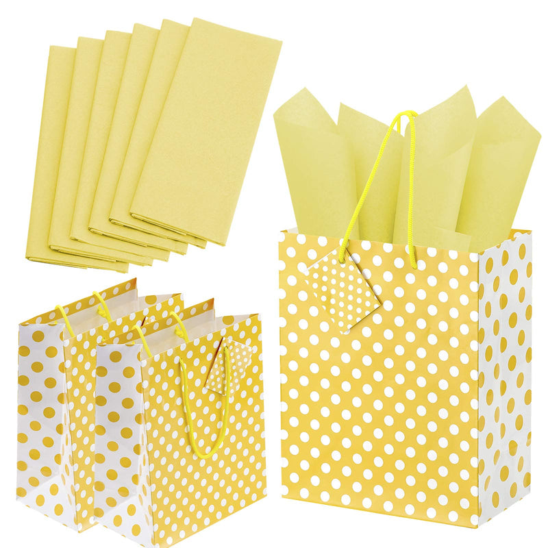 Kicko Sunflower Yellow Dot Gift Bags with Tissue Paper - 13 Pieces - 9 Inches - for Party