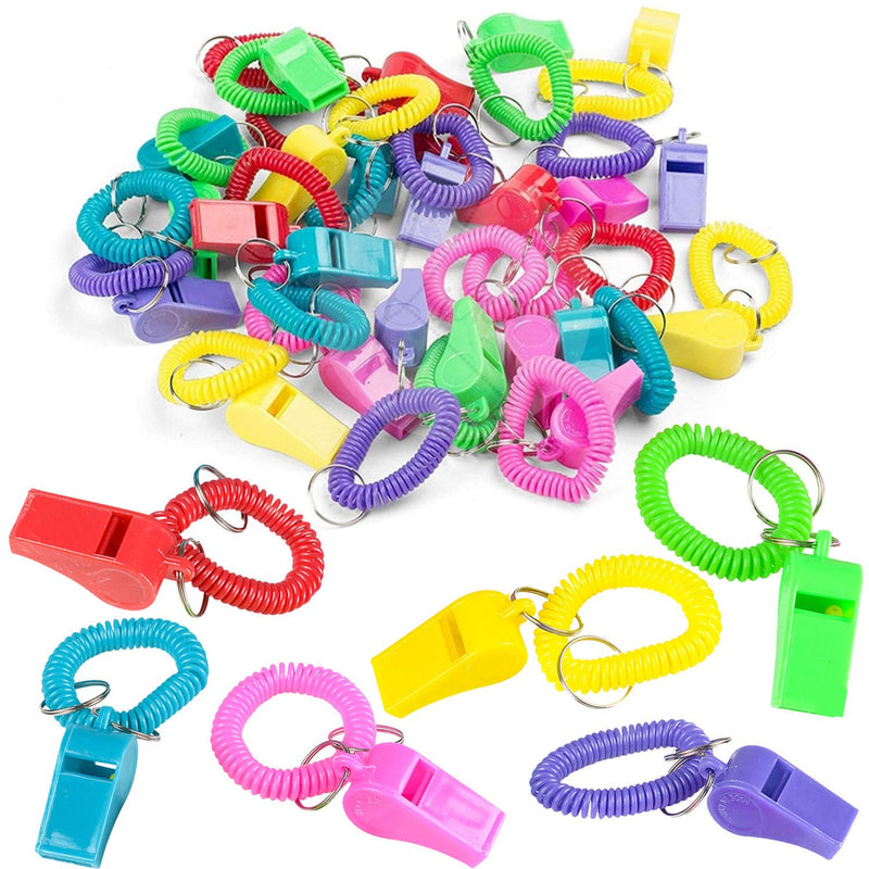 Kicko Colorful Whistle with Spiral Bracelet and Keychain - 36 Pack - Multi-colored