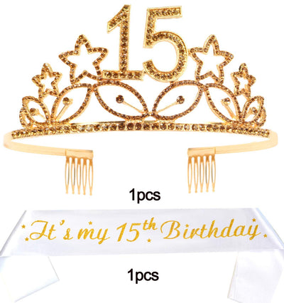 15th Birthday Gifts for Girl, 15th Birthday Tiara and Sash Gold, HAPPY 15th Birthday Party