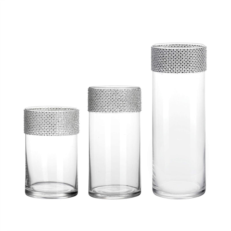 Glass Cylinder Vases with Sparkling Rhinestone Set of 3 Decorative Centerpieces for Home