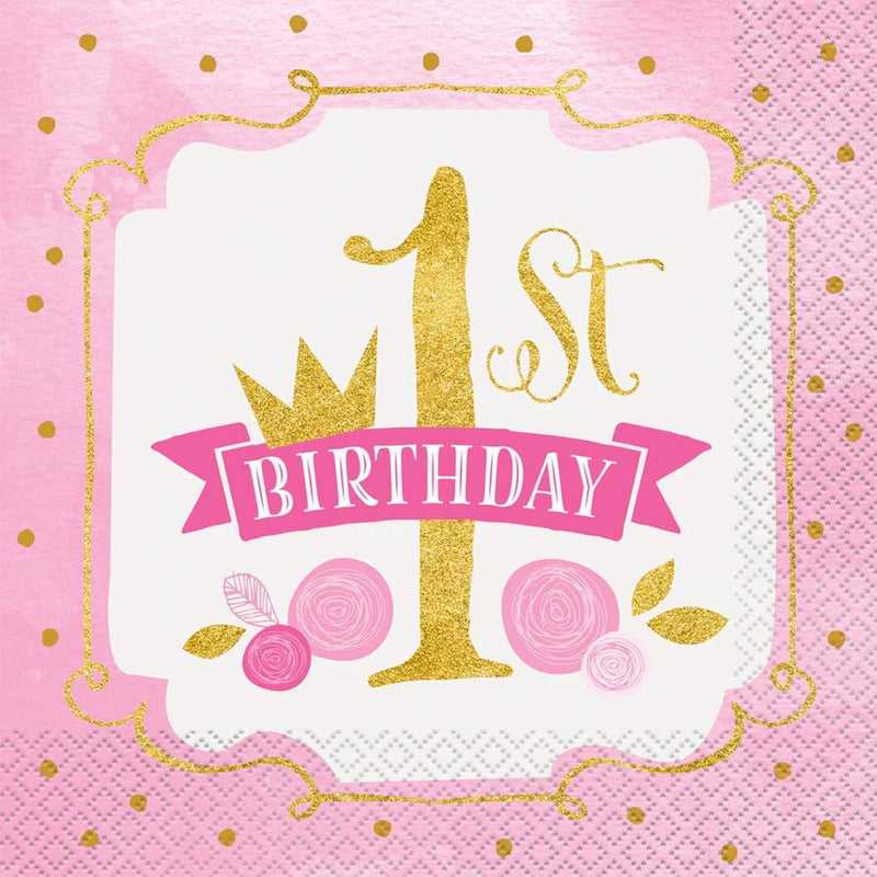 Kicko Pink and Gold First Birthday Paper Napkins - 64 Pack - 6.45 x 6.45 Inches