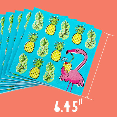 Kicko Tropical Paper Napkins - 64 Pack, with Flamingos and Pineapples - 6.45 Inches