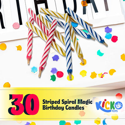 Kicko Striped Spiral Magic Trick Birthday Candles - 30 Pack - 2.2 Inch - 3 Colors - Short