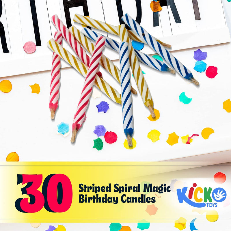 Kicko Striped Spiral Magic Trick Birthday Candles - 30 Pack - 2.2 Inch - 3 Colors - Short