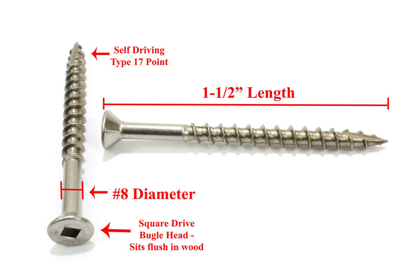 8 x 1-1/2" Stainless Deck Screws, (100 Pack), Square Drive, Type 17 Wood Cutting Point