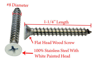 8 X 1-1/4'' Painted White Coated Stainless Flat Head Phillips Wood Screw, (25 pc) 18-8