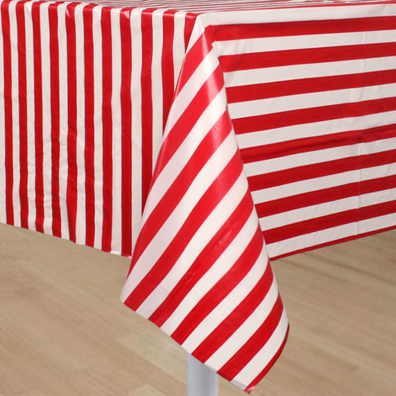 Kicko Ruby Red Striped Plastic Tablecloths - 2 Pack - 54 x 108 Inches - Disposable Table