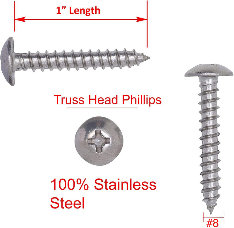 8 x 1" Stainless Truss Head Phillips Wood Screw (100pc) 18-8 (304) Stainless Steel Screws