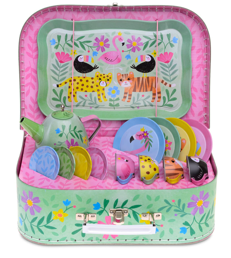 15 Piece Girls Pretend Toy Tin Tea Set Carrying Case Ballea