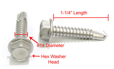 14 X 1-1/4'' Stainless Hex Washer Head Self Drilling Screws, (50 pc) 410 Stainless Steel