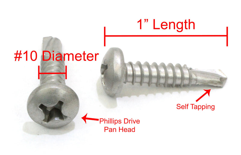 10 x 1" Self Tapping Stainless Steel Metal Screw, (100 Pack) Phillips Pan Head Self