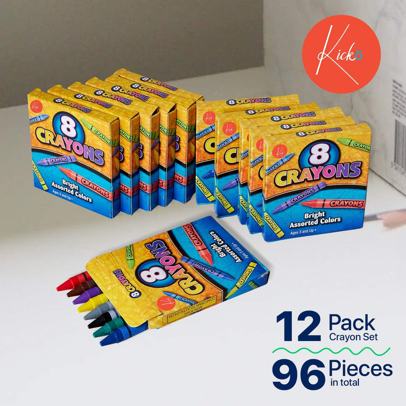 Kicko Crayon Set - 12 Packs with 8 Pieces Assorted Coloring Crayons in each Pack - a Total