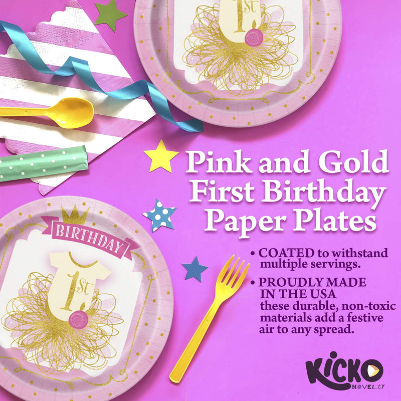 Kicko Pink and Gold First Birthday Paper Plates - 16 Pack - Disposable Dinner Accessories