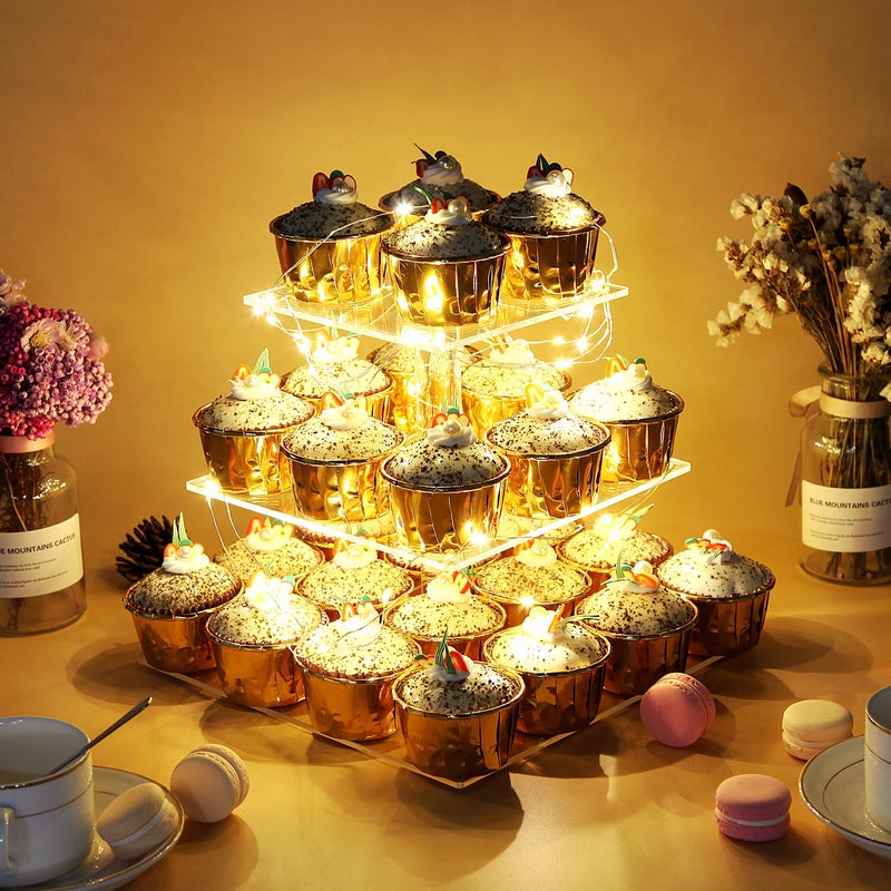 Vdomus Pastry Stand 3 Tier Acrylic Cupcake Display Stand with LED String Lights Dessert