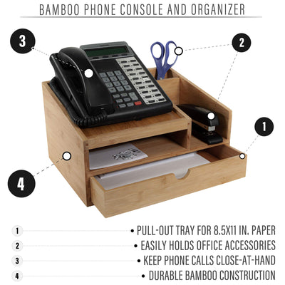 Prosumer's Choice Bamboo Telephone Stand and Desk Organizer with Pull-Out Paper Tray