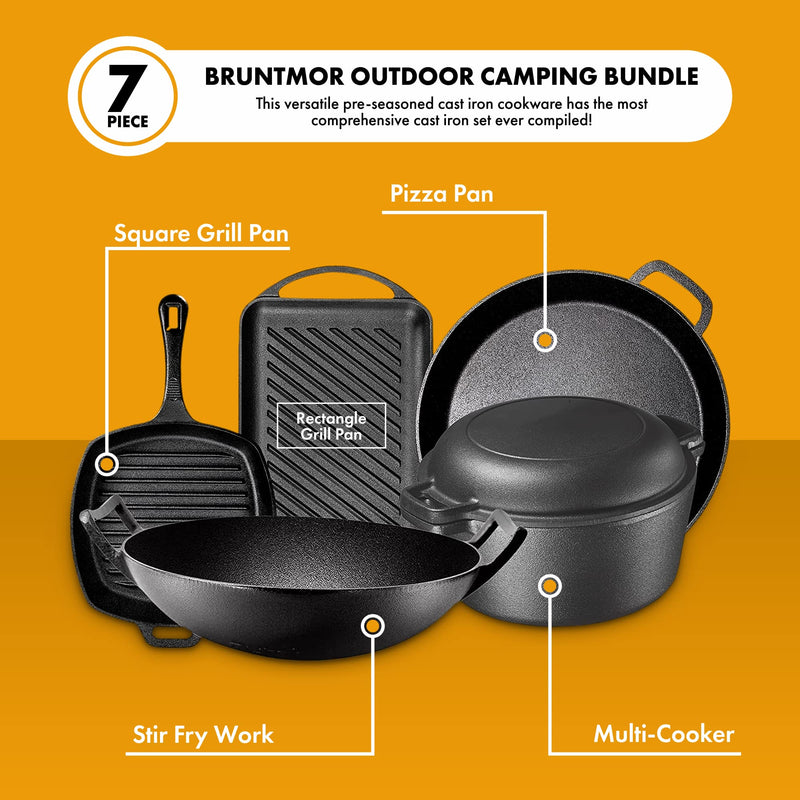 Pre Seasoned Cast Iron 7 Piece Bundle Gift Set, Double Dutch, Rectangular grill Pan, Wok