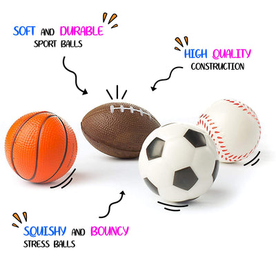 Set Of 24 Sports 2.5" Stress Balls - Includes Soccer Ball, Basketball, Football, Baseball