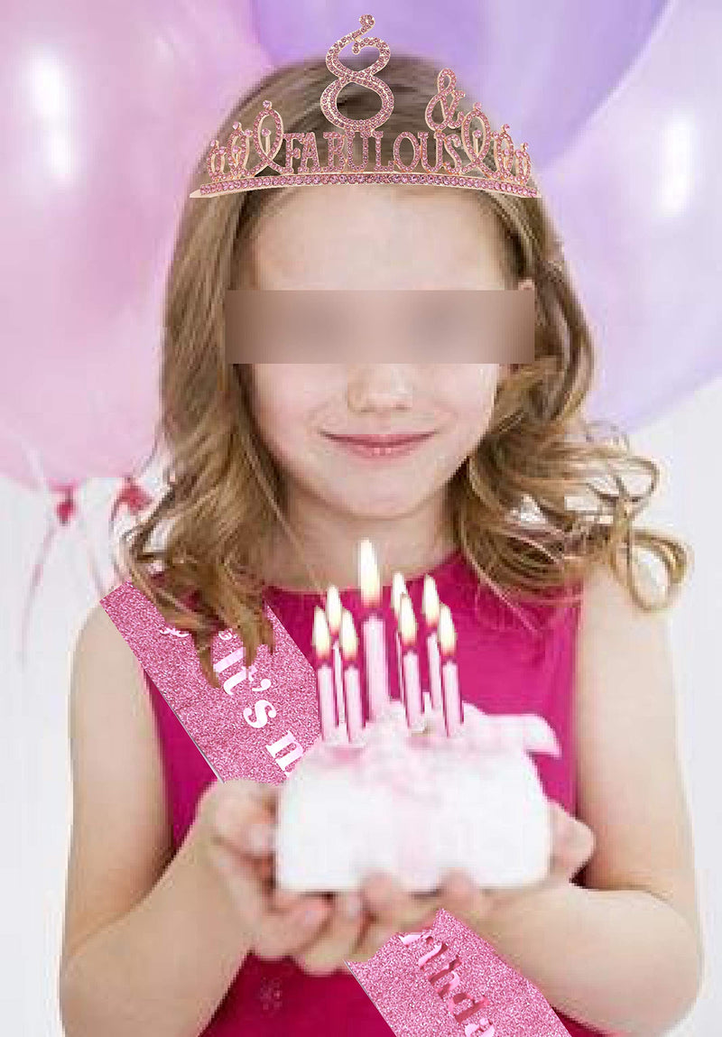 8th Birthday Gifts for Girl,8th Birthday Tiara and Sash Pink,8th Birthday Decorations