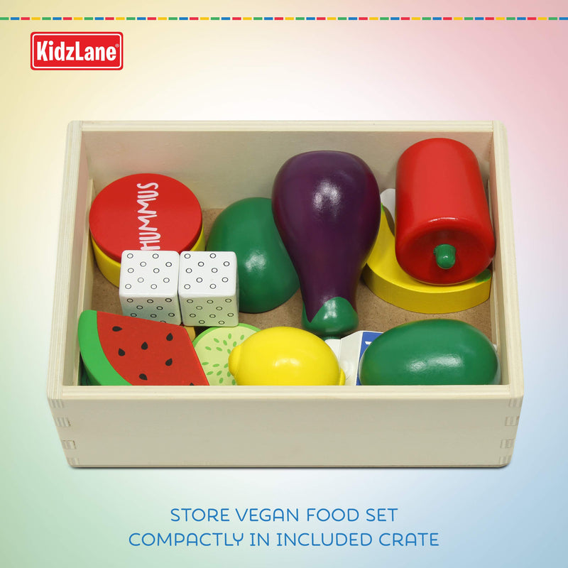 Kidzlane Wooden Vegan Toys with Wooden Crate | 20 Piece Wood Play Food Set for Kids