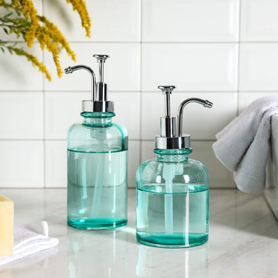 12 &10 Ounce Blue Glass Soap Lotion Dispenser Set, Unique Design Pump for Bathroom