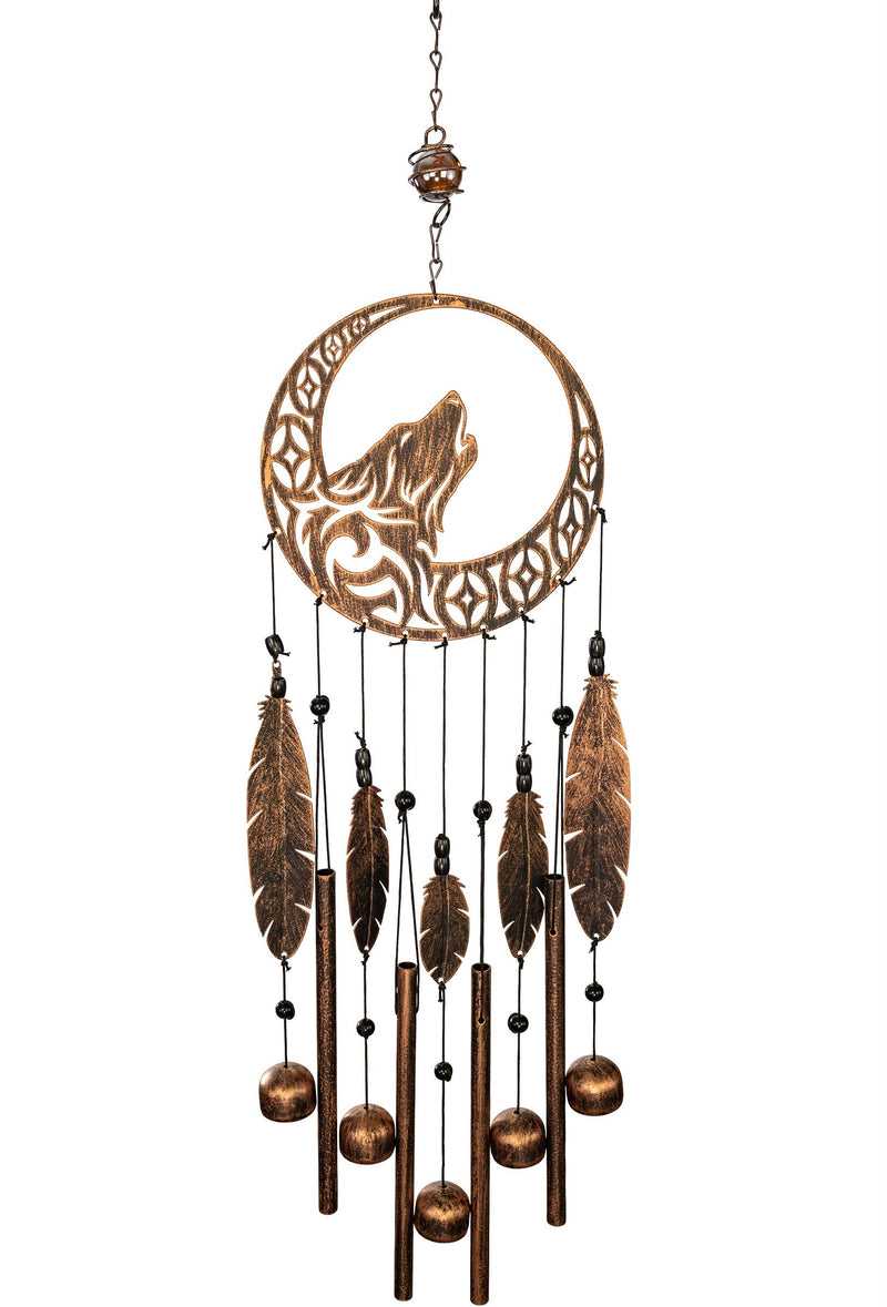 Tribal Wolf Dreamcatcher Outdoor Garden Decor Wind Chime (Rustic Copper)