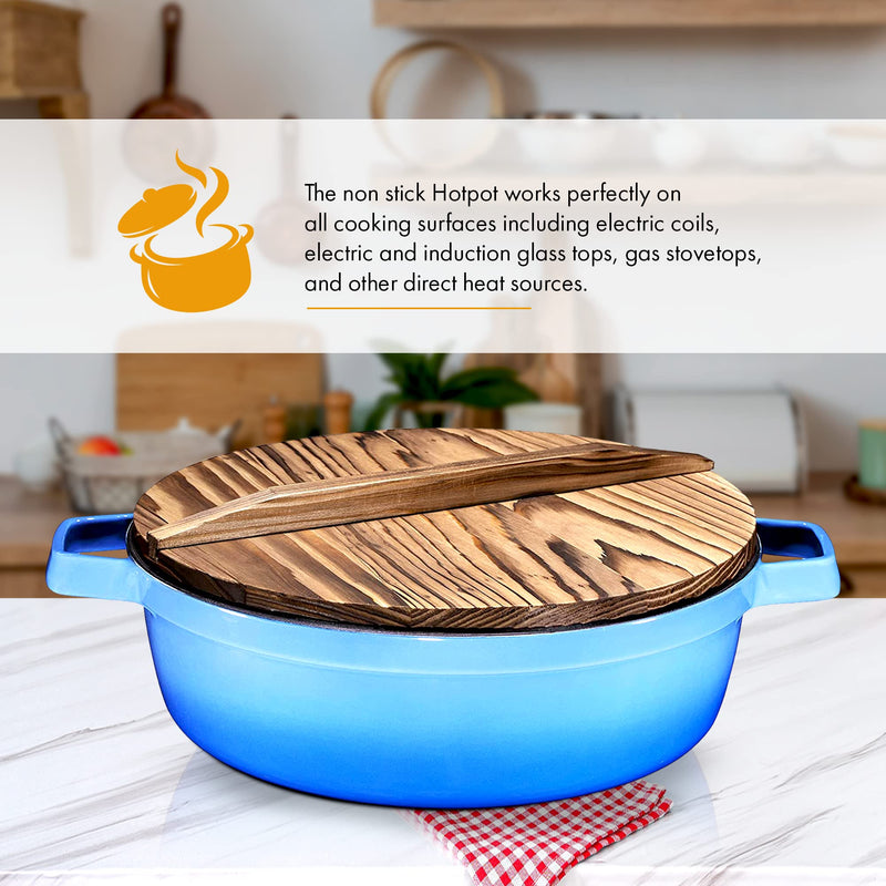 Non-Stick 2-In-1 Cast Iron Enameled Shabu Shabu Hot Pot with Wooden Lid  Heavy Duty 5