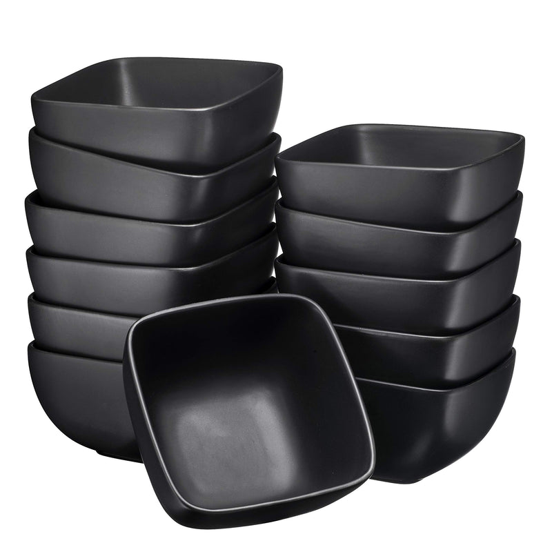 Bruntmor Large Porcelain Square Bowls - 26 Oz Durable Ceramic Bowls set of 12, Black chip