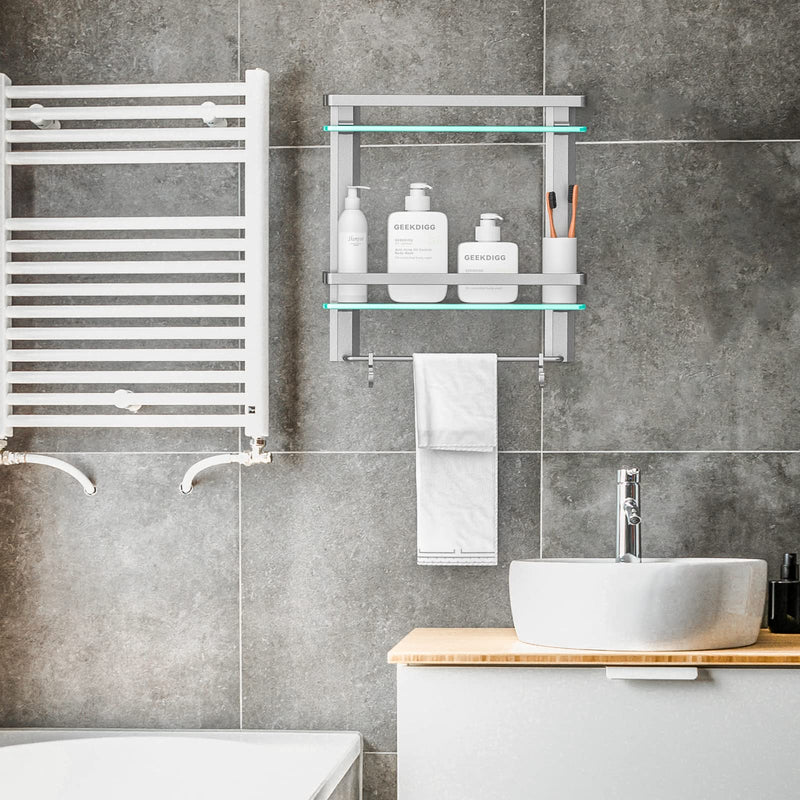 Geekdigg Bathroom Glass Shelf With Towel Bar, 2 Tier Wall Mounted Tempered Glass Shower