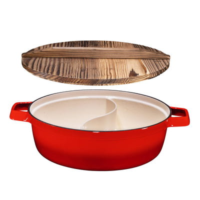 Non-Stick 2-In-1 Cast Iron Enameled Shabu Shabu Hot Pot with Wooden Lid  Heavy Duty 5