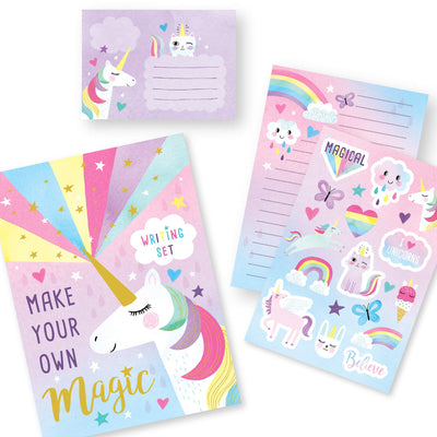 Jewelkeeper Rainbow Unicorn Design Writing Kit with Gold Foil, Girls Stationery Paper