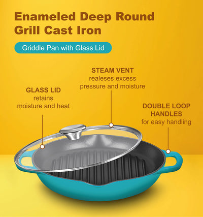 Enameled Deep Round Grill Cast Iron Griddle Pan with Glass Lid 10 Inch Non-Stick Round