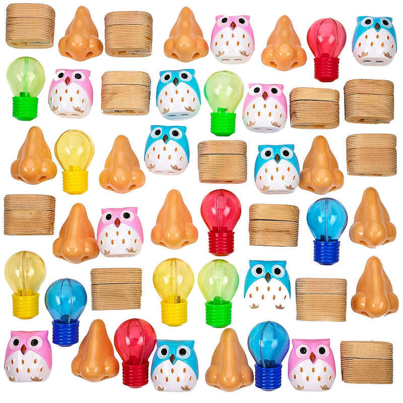 Kicko Assorted Pencil Sharpeners - 48 Pack, 1 to 2.5 Inch - Various Designs - Owl, Nose