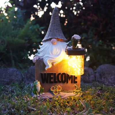 VP Home Welcome Gnome with Lantern and Frog Solar Powered LED Outdoor Decor Garden